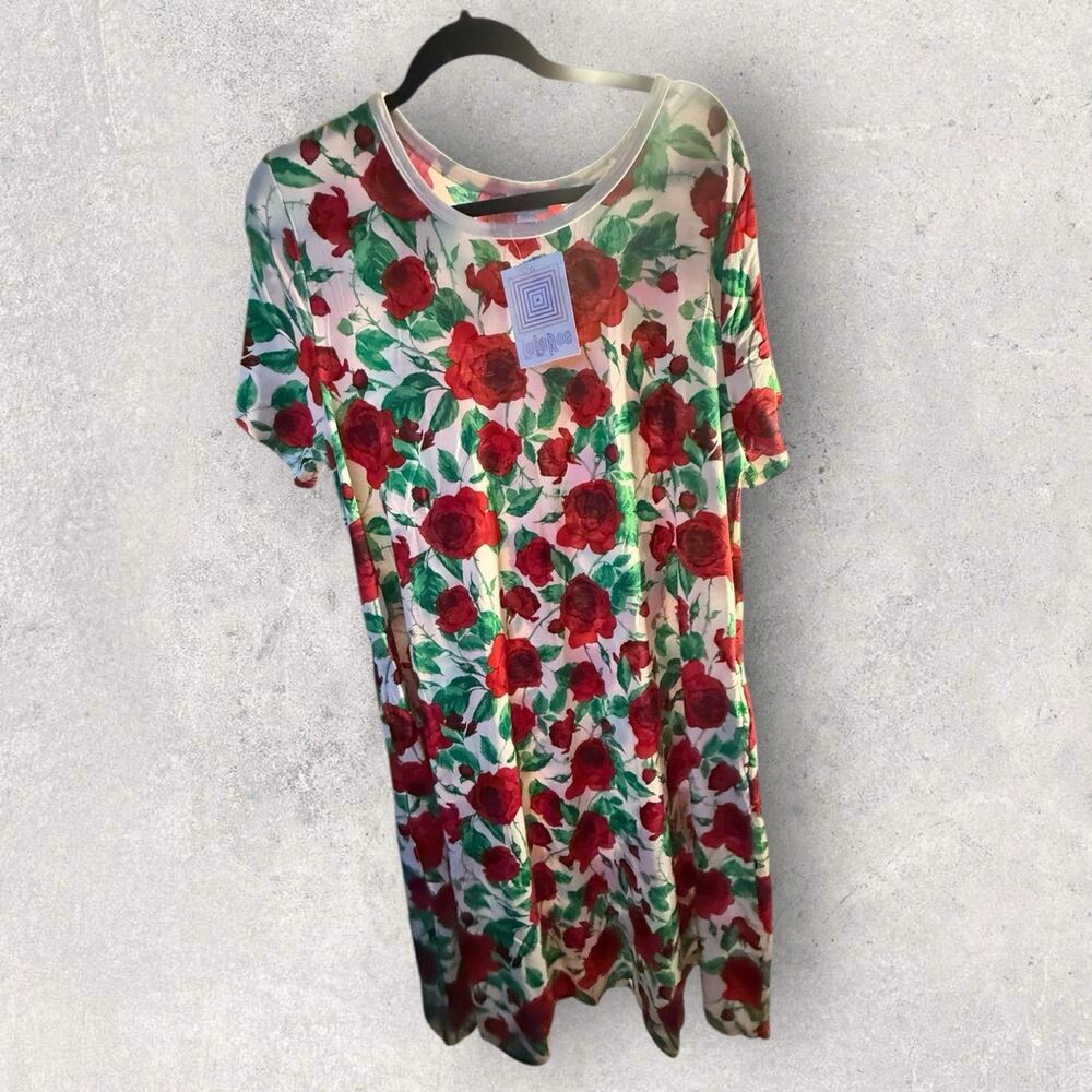 LuLaRoe Jessie Dress (2XL)  White, Red And Green Rose Print NWT